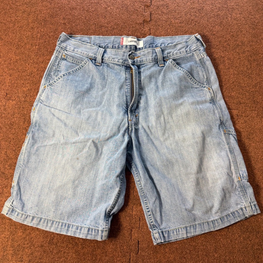 A- Levis Carpenter Denim Shorts Mens 36 Light Wash Blue Utility Workwear Cotton